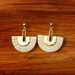 Sun Star Cream Fan Tassel Earrings with Gold Detail
